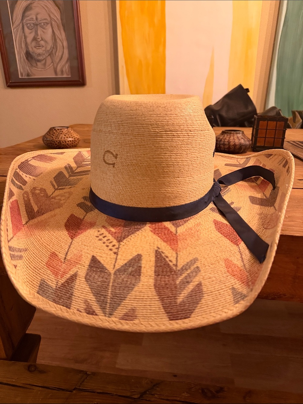 Straw Western Hat with Printed Brim and Navy Band CHARLIE 1 HORSE